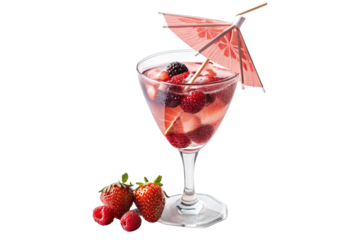 Refreshing summer cocktail with fresh berries in elegant glass with decorative pink paper umbrella