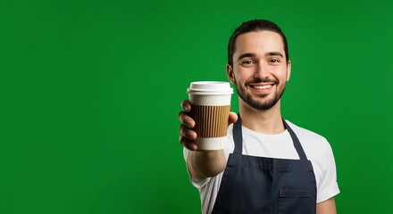 Smiling barista holding takeaway coffee cup on green screen, café-style lighting, generative ai - Powered by Adobe