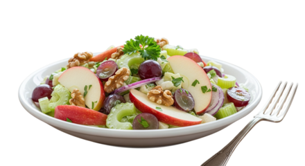 Apple and grape salad with walnuts and celery, isolated on transparent background