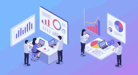 Collaborative team analyzing data in modern isometric office environment