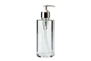 Obraz premium Transparent bottle with pump dispenser for liquid soap or skincare essentials on white background