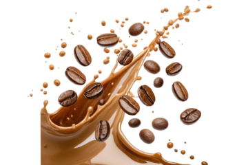 Coffee beans and splash create a dynamic caffeinated scene for coffee lovers and drink enthusiasts