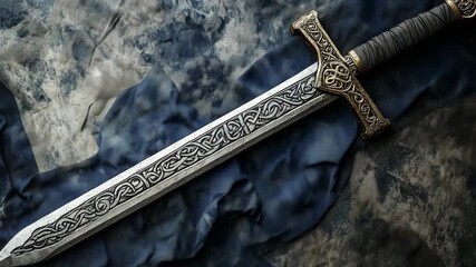 An ancient sword with intricate designs is showcased on textured fabric, highlighting craftsmanship and historical significance
