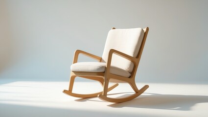 A modern beige and wooden rocking chair with a cushioned seat and backrest placed on a light surface with a plain background.