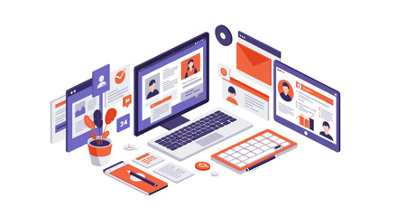 Isometric digital workspace with laptop and social media icons in modern design