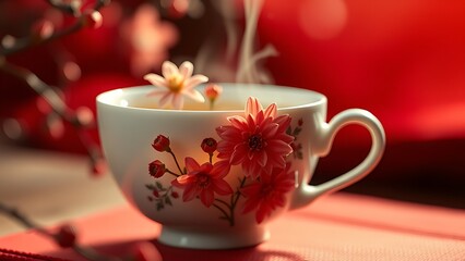 Fototapeta premium A delicate white porcelain teacup with chrysanthemum blossoms, steaming golden tea against a blurred red silk background.