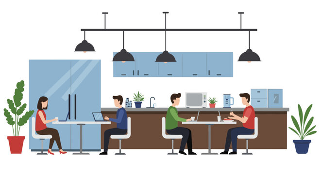 Modern office break room with people working and eating