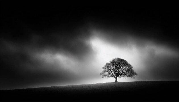 Un albero solitario si erge contro un cielo drammatico e nuvoloso in un paesaggio in bianco e nero.