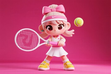 Stylized figure holding a tennis racket and ball, dressed in a pink and white outfit against a pink background.