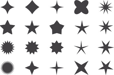 Star icon set vector illustration. collection of star shapes in various styles, minimalist black and white celestial symbols for decoration, design elements, and creative projects