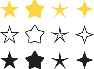 Star icon set vector illustration. collection of star shapes in various styles, minimalist black and white celestial symbols for decoration, design elements, and creative projects
