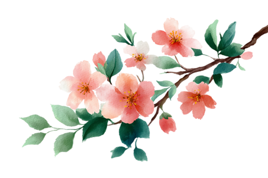 Watercolor painting of pink cherry blossoms on a branch isolated on transparent background