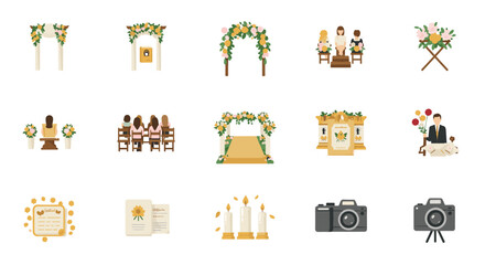 Elegant wedding ceremony icons featuring floral arches and seating in a flat design