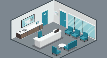 Isometric office lobby interior with modern furniture and reception desk