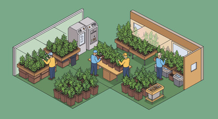 Isometric indoor cannabis cultivation with workers in a greenhouse environment