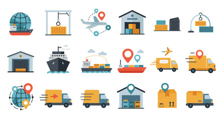Shipping and delivery icons set featuring flat design logistics and transportation elements