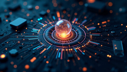Futuristic circuit board background with glowing tech sphere