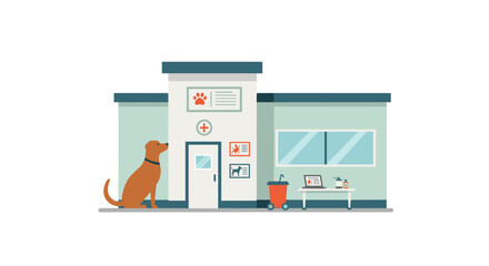Animal clinic building with waiting dog and medical supplies