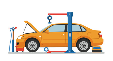 Car maintenance in progress: flat design depicting auto repair with open hood and tools