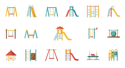 Colorful playground equipment: swings, slides, and climbing structures for kids