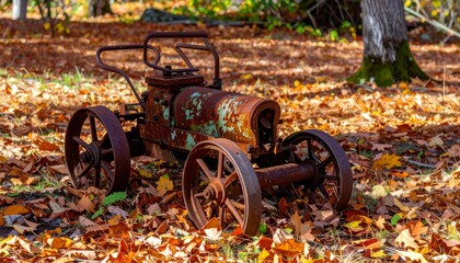 Vintage abandoned rusted vehicle overgrown with colorful autumn leaves