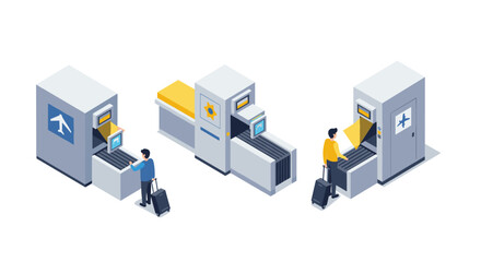 Obraz premium Isometric airport security checkpoint with scanning machines and passengers
