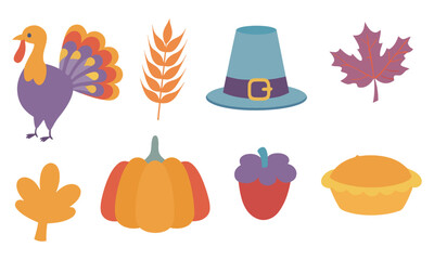 Colorful Thanksgiving and Autumn Icons Turkey, Pumpkin, Acorn, Pie, Leaf, and Pilgrim Hat