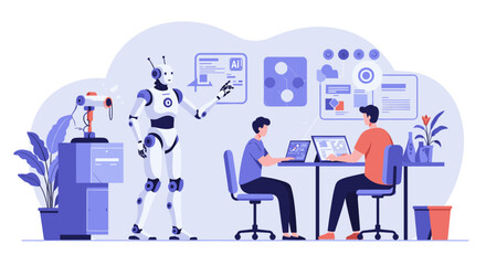 Futuristic office with robot assisting team in collaborative work environment