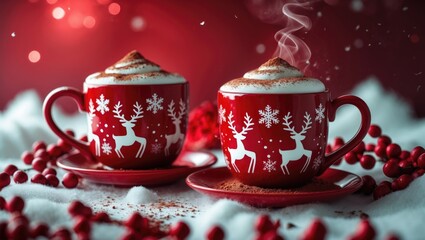 Fototapeta premium Two red mugs with reindeer and snowflake designs, filled with hot chocolate and whipped cream, surrounded by red berries and snow. Holiday and winter warm drinks.