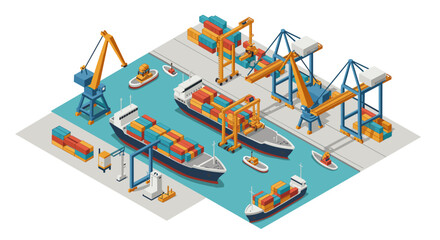 Isometric port scene with cargo ships and cranes in a busy harbor setting