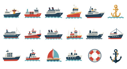 Flat nautical icons set: boats, ships, and marine elements for design projects
