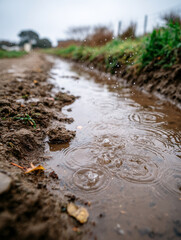 Obraz premium Puddle on a muddy path with raindrops splashing in rural setting.