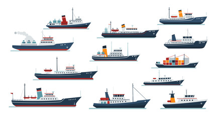 Collection of flat style ships and boats with varied designs and functions