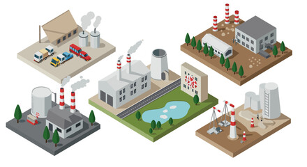 Isometric industrial complex with factories and smoke towers in urban landscape