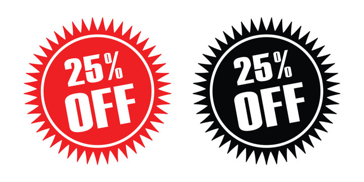 25 Percent Off Discount Badge Set. Red and Black Sale Label Vector Design