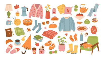 Colorful set of autumn hand drawn stickers. Traditional cozy fall icons. Hot drinks, sweater, plaids, pies, umbrella, socks. Cute doodle elements of comfortable autumn mood. Cartoon design