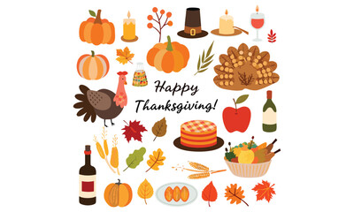 Thanksgiving and Autumn Festival Clipart Set Turkey, Pumpkin, Pilgrim Hat, Corn, Leaves, and Harvest Food Icons