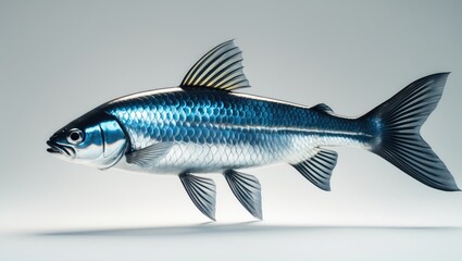 Fototapeta premium A realistic model of a silver-blue fish with detailed scales and fins placed against a plain background.