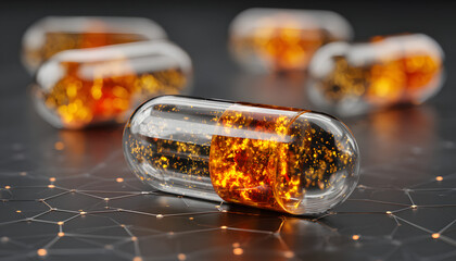 Close-up of transparent medical capsules filled with glowing orange particles resting on digital network grid. Represents advanced healthcare, AI, blockchain technology integration for innovative