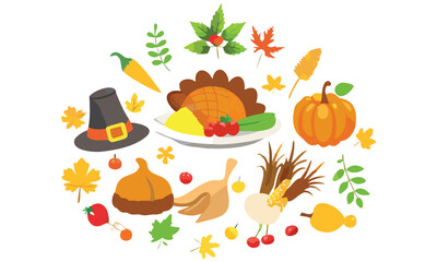 Thanksgiving and Autumn Festival Clipart Set Turkey, Pumpkin, Pilgrim Hat, Corn, Leaves, and Harvest Food Icons