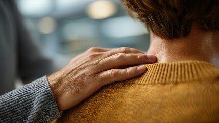 A comforting hand on a person's shoulder, featuring a male and female figure.