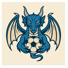 Blue Dragon Front View Holding a Soccer Ball – British Style Vector Illustration