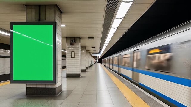 Subway train speeding past green screen billboard for transit ad mockup video loop footage
