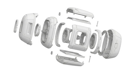 Exploded view of a modern device engineering design for product development and manufacturing process