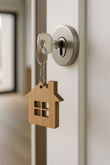 Silver key with wooden house keychain hanging from door lock, symbolizing modern home entrance and security concept