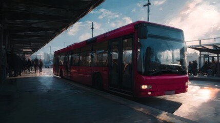 Public bus at station with passengers in a daylight scene
