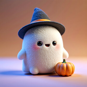 Cute plush ghost wearing a witch hat with a tiny pumpkin, in a warm glow