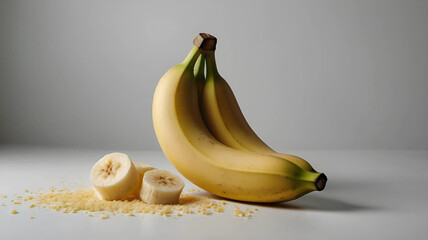 Studio Shot of Bananas and Cut Pieces on a Clean Surface