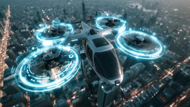 An advanced flying vehicle glides through a modern cityscape as lights twinkle below during twilight, showcasing urban innovation