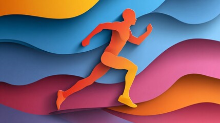 Vibrant Sport Background with Colorful Running Pose and Paper Elements